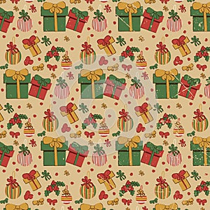 Christmas retro pattern with gift boxes and Christmas tree decorations on a beige background